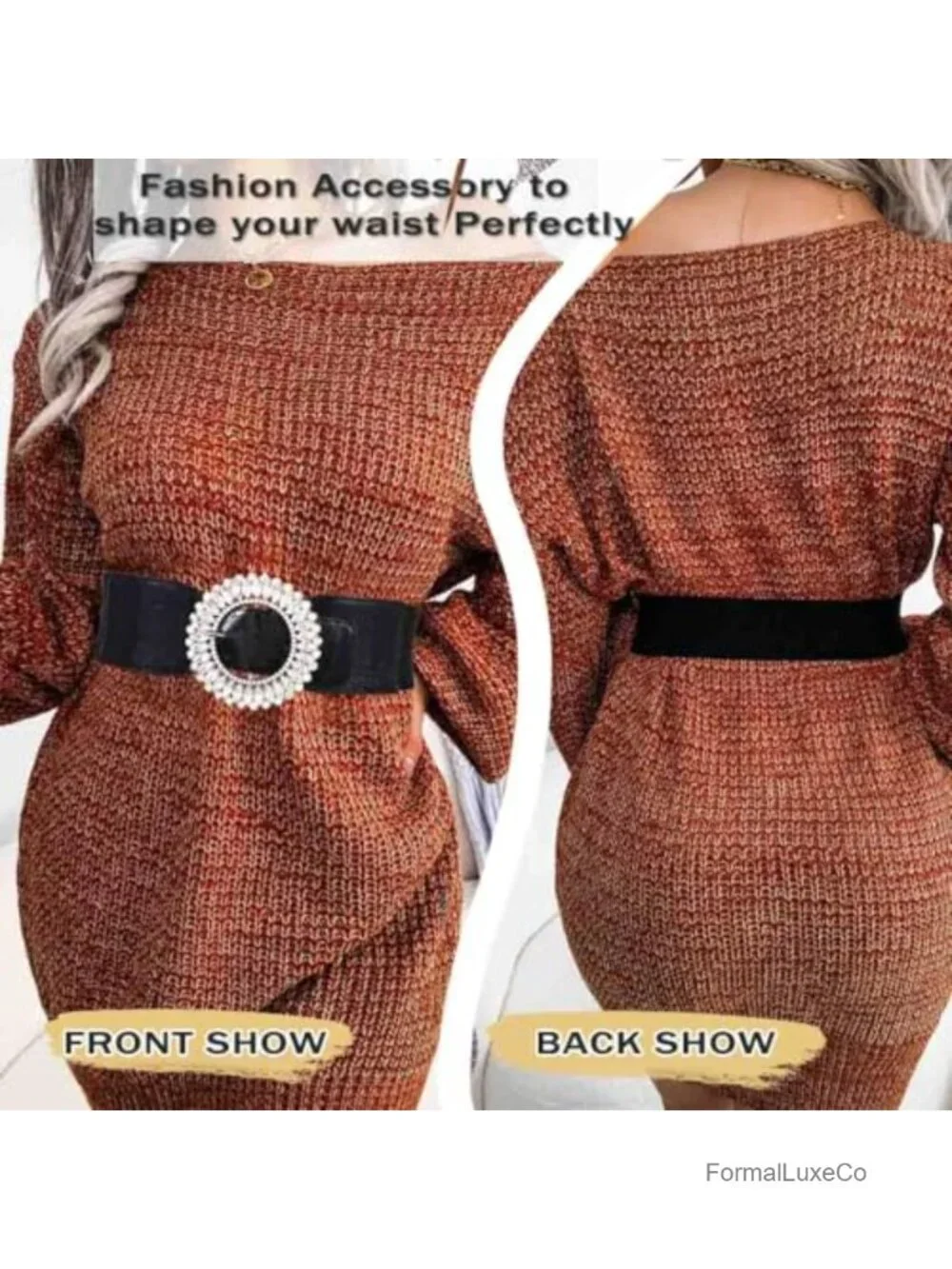 Rhinestone Thick Elastic Waist Belt for Dresses Faux Leather